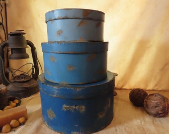 Lg Set of Three Primitive Round Pantry/Colonial/Shaker Boxes Old Blues Farmhouse/Folk Art/ Decor / Artist