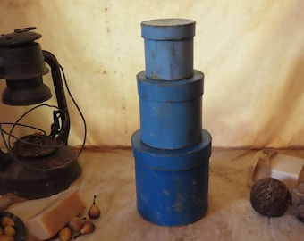 Set of Three Primitive Tall Round Paper Mache Boxs Pantry/Colonial/Shaker Boxes Old Blues Farmhouse/Folk Art/ Decor / Artist