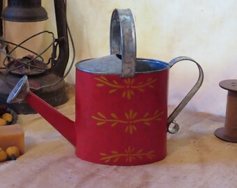 Hand Painted By Artist FolkArt Primitive Red Ware Colonial/Shaker Style Metal Watering Can