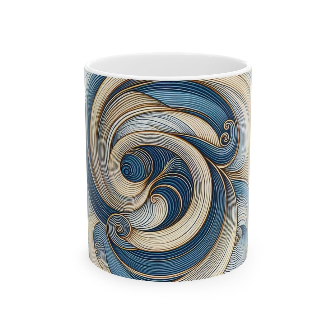 Trendy Coffee Cup, Blue White Gold Ceramic Mug, Modern Coffee Cup, 11 OZ Teacup, Unique Gift ...