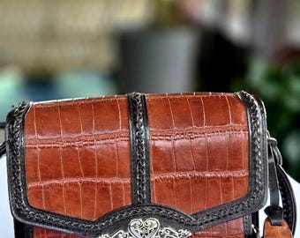 Torebka vintage Marc Chantal z wytłoczonym wzorem krokodyla: brązowo-czarna skórzana