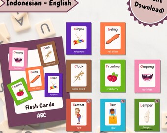 ABC | Alphabet | Lernkarten | Indonesisch | Englisch | Montessori | ABC-Karten | Wörter | Lernen | Heimunterricht | Kindergarten |