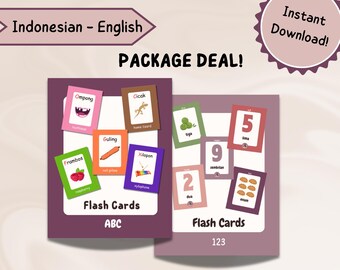 1-20 + ABC | Pauschalangebot | Lernkarten | Indonesisch | Englisch | Kindergartenklasse | Heimunterricht | Druckbar | Sofortdownload | Lehrreich