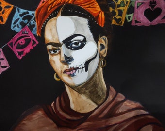 Frida day of the dead print with flags print