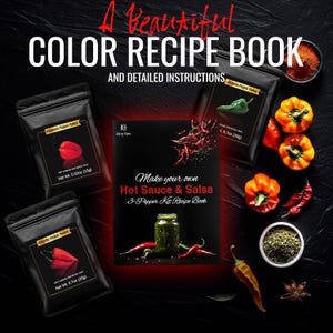 May include: A black recipe book titled "Make your own Hot Sauce & Salsa" with detailed instructions. The image includes bags of pepper flakes, fresh peppers, and spices. The recipe book is a 3-pepper kit.