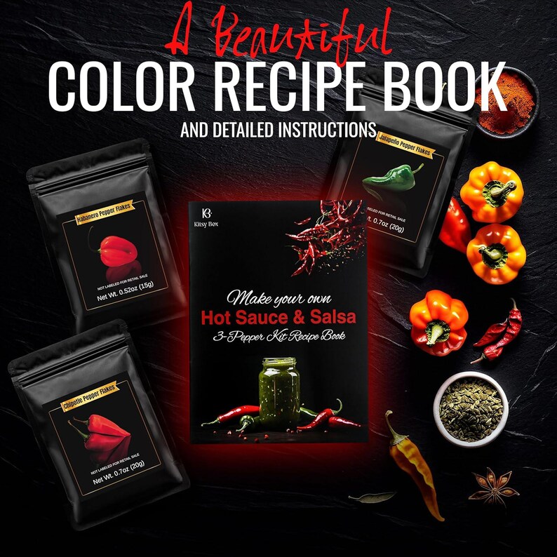 May include: A black recipe book titled "Make your own Hot Sauce & Salsa" with detailed instructions. The image includes bags of pepper flakes, fresh peppers, and spices. The recipe book is a 3-pepper kit.