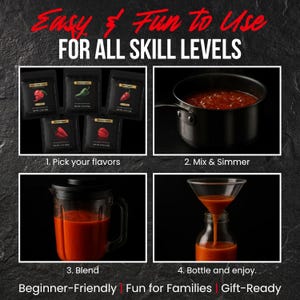May include: A step-by-step guide to making a sauce, with text that reads "Easy & Fun to Use FOR ALL SKILL LEVELS." The process includes picking flavors, mixing and simmering, blending, and bottling. The text also says "Beginner-Friendly Fun for Families Gift-Ready."