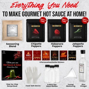 May include: A complete hot sauce making kit with seasoning blend, peppers, recipe book, gloves, bottles, stickers, funnel, and rice vinegar. Includes chipotle, habanero, and jalape&ntilde;o peppers. The kit makes 3-4 bottles of hot sauce.