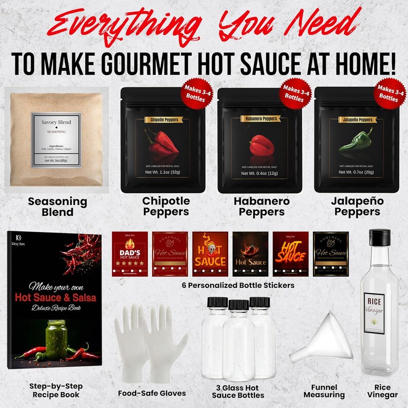May include: A complete hot sauce making kit with seasoning blend, peppers, recipe book, gloves, bottles, stickers, funnel, and rice vinegar. Includes chipotle, habanero, and jalape&ntilde;o peppers. The kit makes 3-4 bottles of hot sauce.