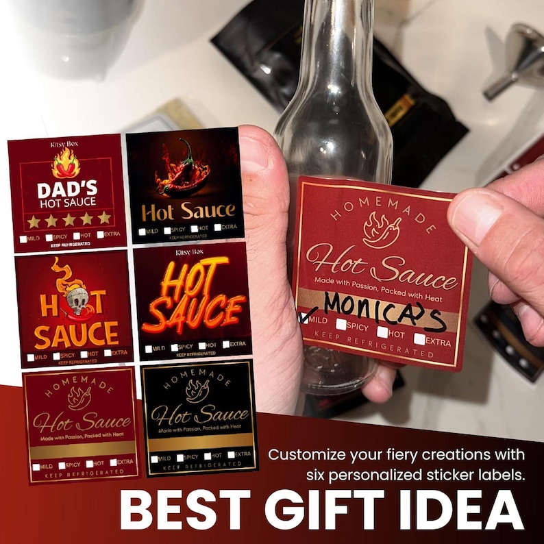 May include: A selection of personalized hot sauce labels in various designs, including "Dad's Hot Sauce" and "Monica's Hot Sauce." The labels are red and black with text that reads "Mild," "Spicy," "Hot," and "Extra."