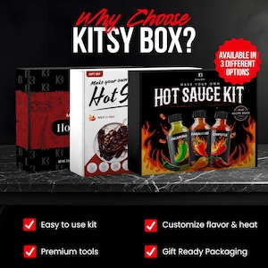 May include: Three hot sauce kits are displayed, each in a box with different designs. The boxes are black, red, and white. The black box reads "Hot Sauce Kit" and features images of jalapeno, habanero, and chipotle peppers. Text on the image says "Easy to use kit".