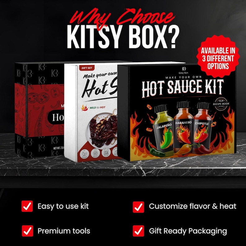 May include: Three hot sauce kits are displayed, each in a box with different designs. The boxes are black, red, and white. The black box reads "Hot Sauce Kit" and features images of jalapeno, habanero, and chipotle peppers. Text on the image says "Easy to use kit".