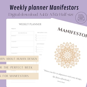 Planificador semanal de diseño humano para manifestadores - Carta natal - A4, A5, media carta - Digital e imprimible - PDF - Afirmaciones - Gratitud - Consejos