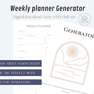 Planejador semanal para Geradores - Design Humano - Afirmações - Dicas para começar e terminar seu dia - seções semanais para Geradores - Mapa de nascimento - PDF