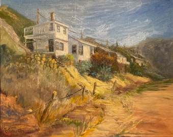 Crystal Cove Cottages, handpainted on canvas, Crystal Cove, Newport Beach, California Coast, beach cottage