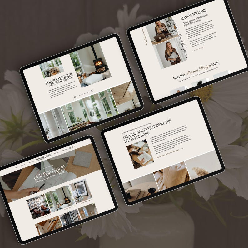 May include: Four digital tablets displaying a website for Marion Design. The screens show interior design portfolios, team biographies, and project descriptions with text headers like Fisher Lake House, Our Portfolio, and Creating Spaces That Evoke The Feeling Of Home.