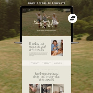 May include: A Showit website template for the Elizabeth Mae Agency featuring a hero section with three people in a field, serif typography, and a neutral colour palette. The layout includes sections for branding services, client testimonials, and imagery.