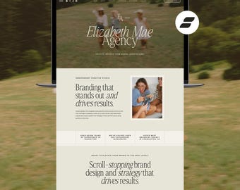May include: A Showit website template for the Elizabeth Mae Agency featuring a hero section with three people in a field, serif typography, and a neutral color palette. The layout includes sections for branding services, client testimonials, and imagery.