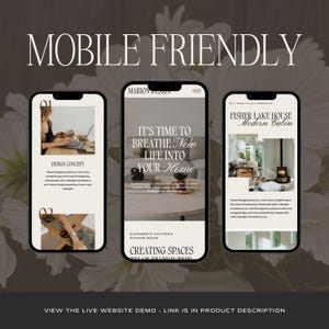 May include: Three smartphones displaying a website design for Marion Design. The screens show interior design project pages with text including 'It's time to breathe new life into your home' and 'Fisher Lake House Modern Cabin' over a floral background.