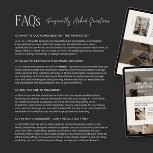 May include: A dark gray informational graphic titled FAQ's Frequently Asked Questions with four questions and answers regarding website template customization, platform compatibility with Showit, font licensing requirements, and ease of use.