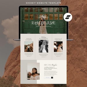May include: A Showit website template displayed on a laptop screen featuring the Raylee Jude photography brand. The layout includes a hero image with a green door, navigation menus, service categories for couples, weddings, and lifestyle, and a bio section.