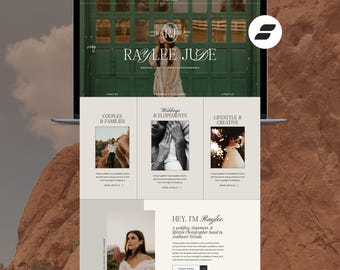 May include: A Showit website template displayed on a laptop screen featuring the Raylee Jude photography brand. The layout includes a hero image with a green door, navigation menus, service categories for couples, weddings, and lifestyle, and a bio section.