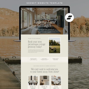 May include: A Showit website template displayed on a laptop screen, featuring the Verbena Lane Cottages branding. The layout includes a hero image of a cottage interior, booking call-to-action text, and sections for cottage rental information.