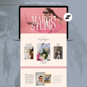 May include: A Showit website template for Margo Studio displayed on a laptop screen. The design features a pink hero section with text, a services section with images, and a layout showcasing brand design, social media management, and web design.