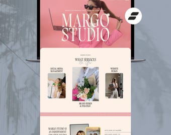 May include: A Showit website template for Margo Studio displayed on a laptop screen. The design features a pink hero section with text, a services section with images, and a layout showcasing brand design, social media management, and web design.