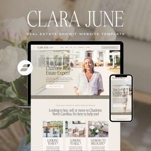 Pode incluir: Um modelo de site em um laptop e smartphone, com o texto "CLARA JUNE" e "REAL ESTATE SHOWIT WEBSITE TEMPLATE". O site apresenta um especialista em imóveis com o texto "Your Local Charlotte Real Estate Expert!"