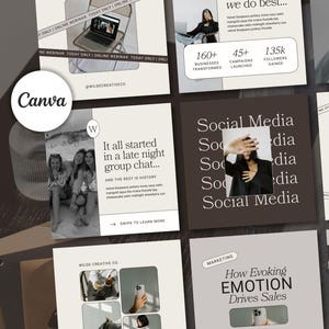May include: A collage of social media marketing tips and strategies. The images include text about social media, business transformation, and how to evoke emotion to drive sales. The images are in a minimalist style with a brown and white colour scheme.