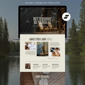 Può includere: Un modello di sito web Showit visualizzato su uno schermo di un portatile, con il marchio Bitterroot Bunkhouse. Il design include un'immagine principale di una baita, sezioni intitolate About the Cabin, Your Hosts, Guest Info, Cabin Policies.