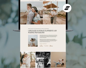 May include: A Showit website template for a photographer named Parker James, featuring a beige layout with multiple photographs of couples, text headers like Capturing Your Most Intimate & Adventurous Moments, and a navigation menu at the top.