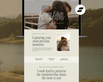 May include: A Showit website template for a photography business featuring a neutral color palette, serif typography, and multiple image placeholders. The layout includes sections for a portfolio, service descriptions, and text headers.