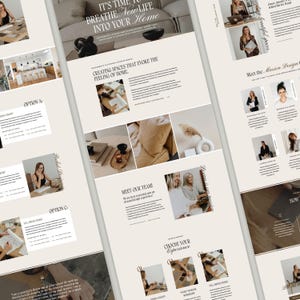 May include: A digital website layout for an interior design firm featuring a neutral color palette, serif typography, and multiple sections including team profiles, service options, and project imagery with text headers like It's Time to Breathe New Life.
