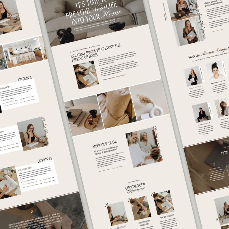 May include: A digital website layout for an interior design firm featuring a neutral color palette, serif typography, and multiple sections including team profiles, service options, and project imagery with text headers like It's Time to Breathe New Life.