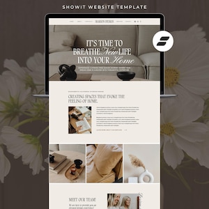 May include: A Showit website template for Marion Design displayed on a laptop screen. The layout features a beige colour palette, serif typography, and imagery of interior design elements including a sofa, pottery, and a vase with dried grass.