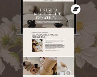 May include: A Showit website template for Marion Design displayed on a laptop screen. The layout features a beige color palette, serif typography, and imagery of interior design elements including a sofa, pottery, and a vase with dried grass.