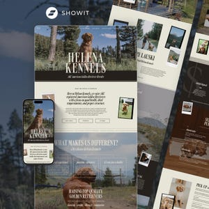 Könnte beinhalten: Eine Website-Design-Vorlage für Helena Kennels mit einem Golden Retriever, Serifenschrift und einer neutralen Farbpalette. Das Layout enthält Abschnitte für Zuchtinformationen, Fotos und Kontaktdaten für Desktop- und Mobilgeräte.