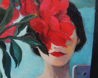 May include: A painting of a person taking a selfie with a red flower covering their face. The background is a light blue color.