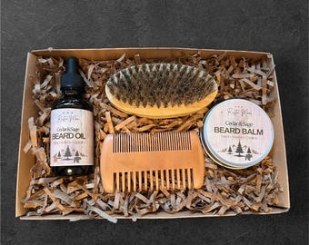 Organic Beard Care Kit: Jojoba Oil, Shea Butter Balm, Wood Comb & Brush