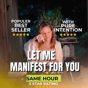 Può includere: Immagine con testo: "POPULER BEST SELLER" e "WITH PURE INTENTION." Il testo centrale recita "LET ME MANIFEST FOR YOU," con "SAME HOUR" e "5 STAR RATING" sotto. Una donna sorride, tenendo una collana. Lo sfondo è sfocato.