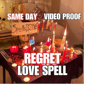 Puede incluir: Una mesa con numerosas velas encendidas de varios tamaños y colores, incluyendo rojo y blanco. Se muestra el texto "SAME DAY VIDEO PROOF" y "REGRET LOVE SPELL". Un letrero dice "SpellsByZiynet".