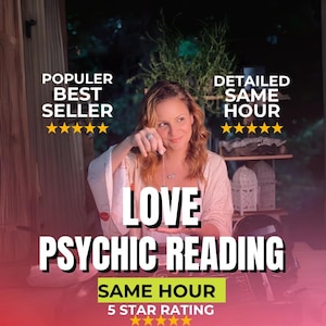 Puede incluir: Imagen que promociona un servicio de lectura psíquica de amor. El texto incluye "LOVE PSYCHIC READING" y "SAME HOUR 5 STAR RATING". Se muestra una mujer, con texto que dice "POPULER BEST SELLER" y "DETAILED SAME HOUR".