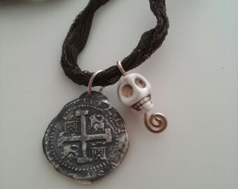 Pirate Necklace with Spanish Coin and Skull Bead