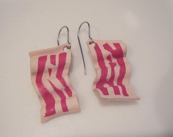 Crispy Bacon Earrings, handmade bacon leather earrings, Meaty Goodness Earrings