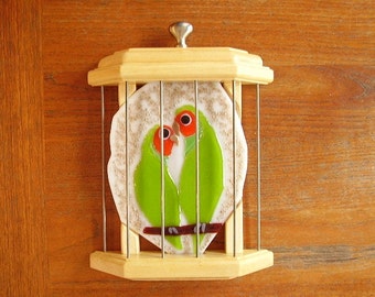 Caged Lovebirds in Glass and Wood