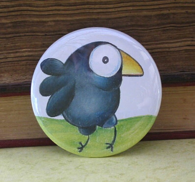 Happy Big Eyed Crow 2.25 Inch Pinback Button image 1