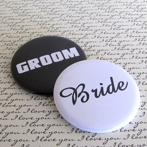 Bride and Groom 2 1/4 inch Pin Back Buttons Set of 2 image 1