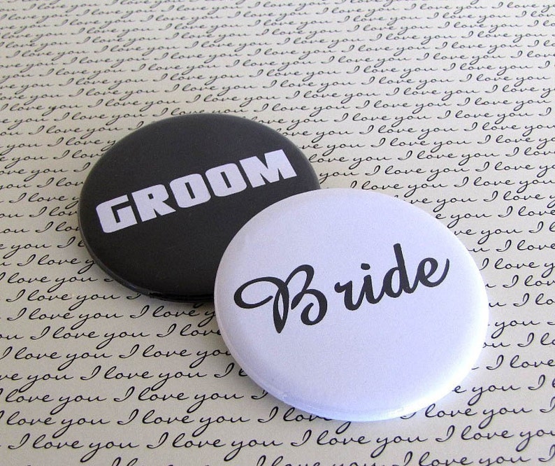 Bride and Groom 2 1/4 inch Pin Back Buttons Set of 2 image 1